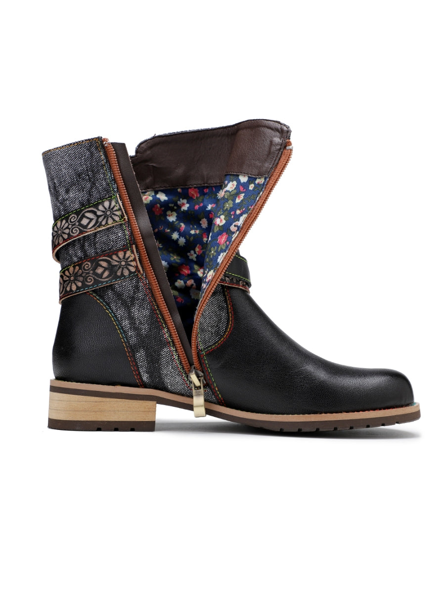 SOFFIA | Genuine Leather Gold Floral Embossed Strap  Moto Boots