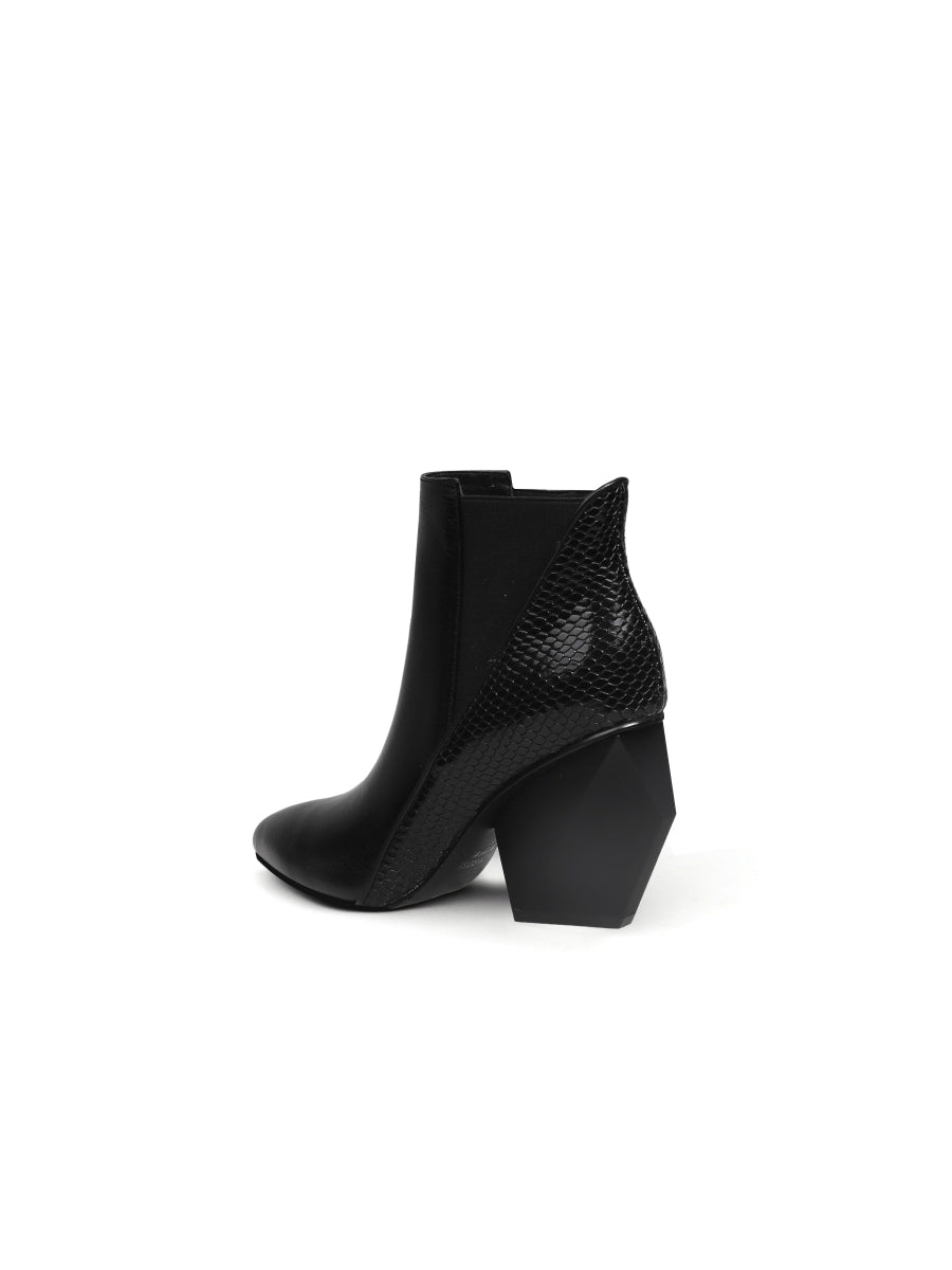 JadyRose | Black Texture Geometry Mid Heel Leather Chelsea Boots Ankle Boots