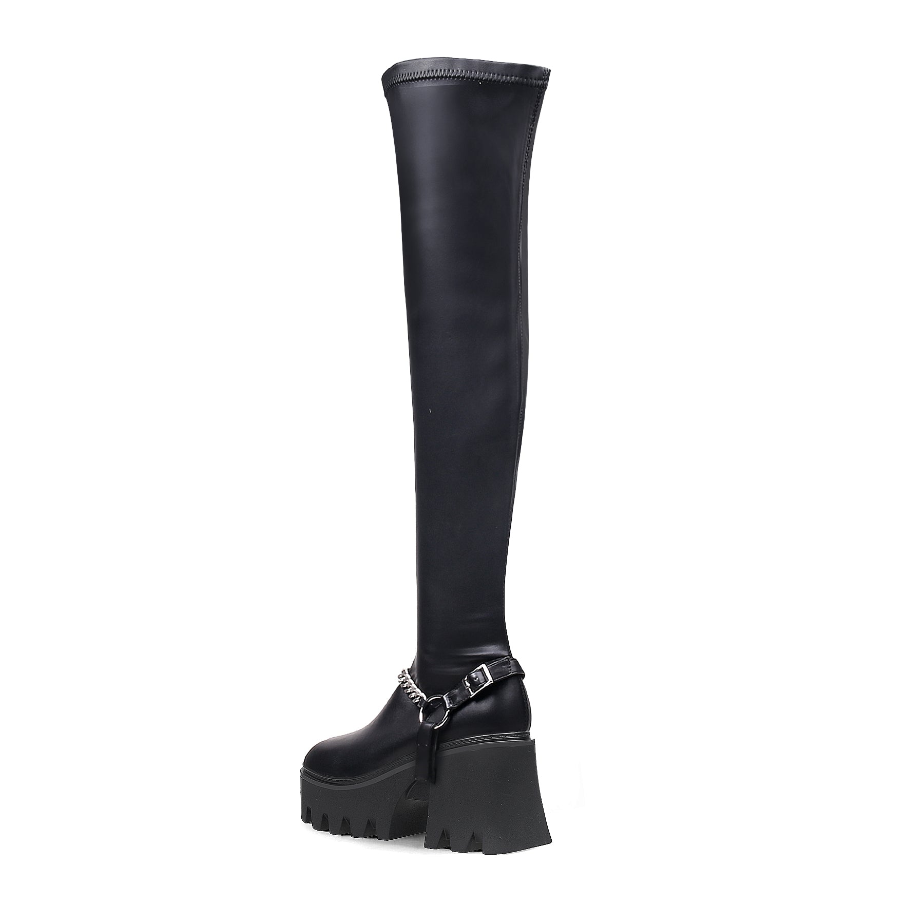 JADY ROSE | LUG SOLE CHAIN STRAP OVER KNEE LEATHER BOOT - BLACK