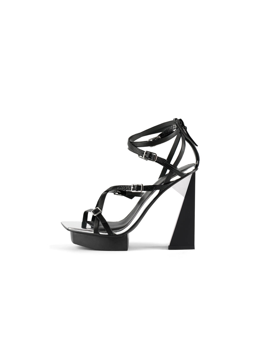 JadyRose | Acute Triangle Heel Genuine Leather Strap Heel - Black