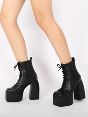 JadyRose | Genuine Leather Chunky Heel Lace-Up Black Platform Chelsea Boots