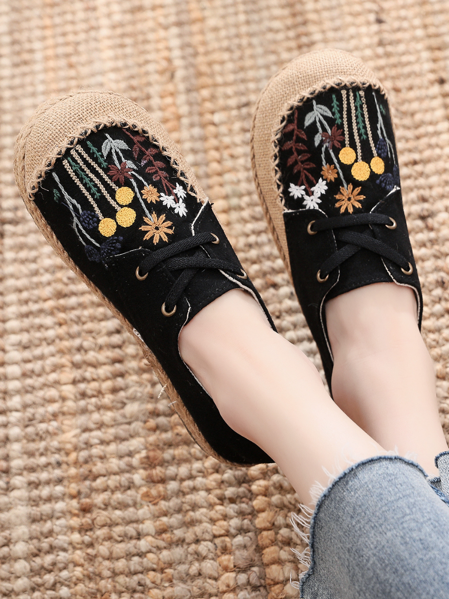 Cactus Rose | Garden Embroidered Linen Boat Shoes Espadrilles - Black