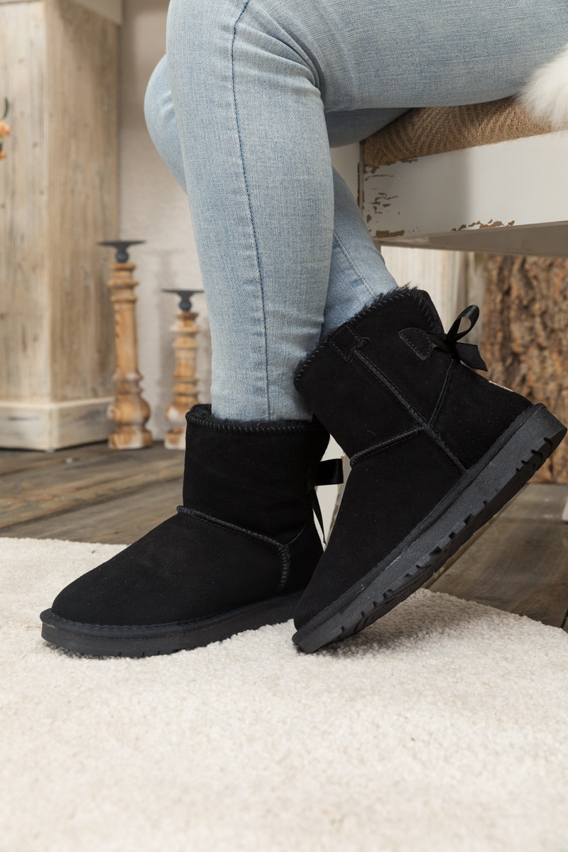 SMAIBULUN Ugg | Ribbon Bow Faux Fur-Lined Mini Ugg Boots