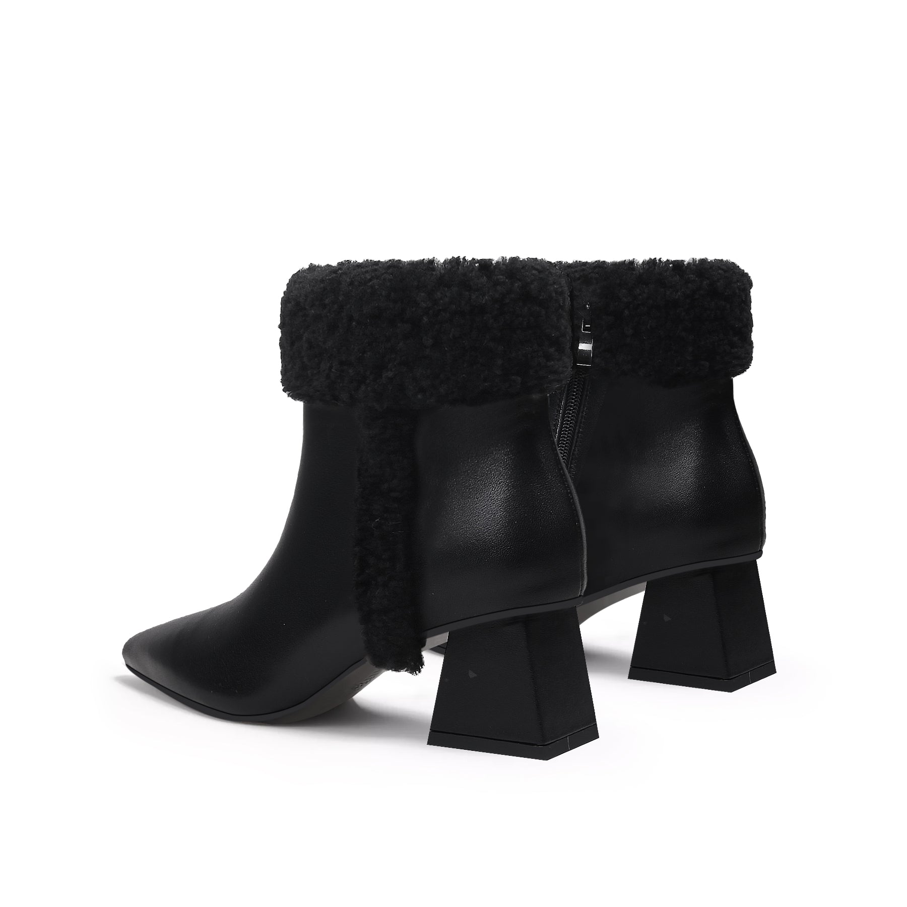 JADY ROSE | WOOL TRIM BLOCK HEEL LEATHER ANKLE BOOT - BLACK