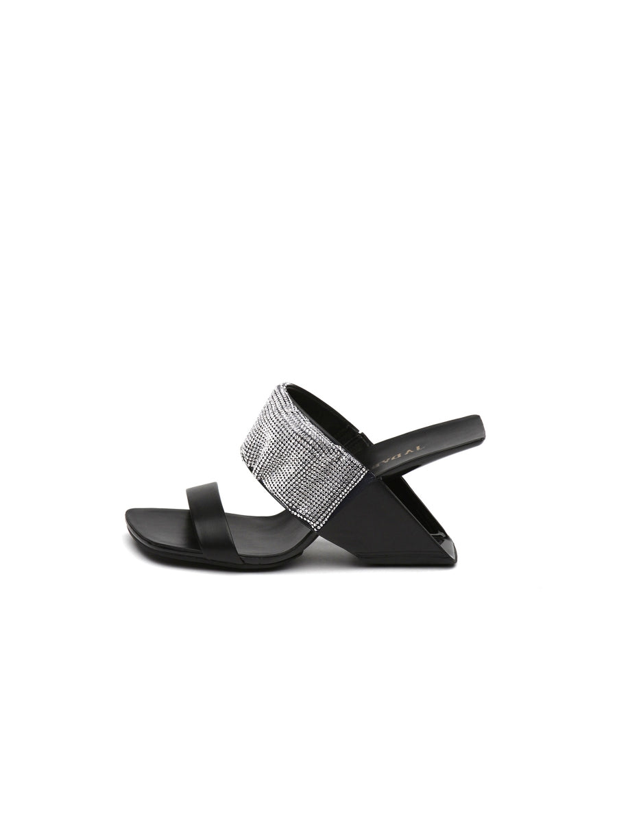 JadyRose | KARINA Rhinestone Black Leather Wedge Sandal