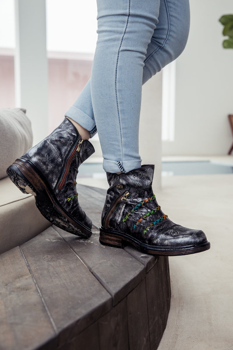 SOFFIA | Genuine Leather Rainbow Stitch Floral Embossed Ankle Boots