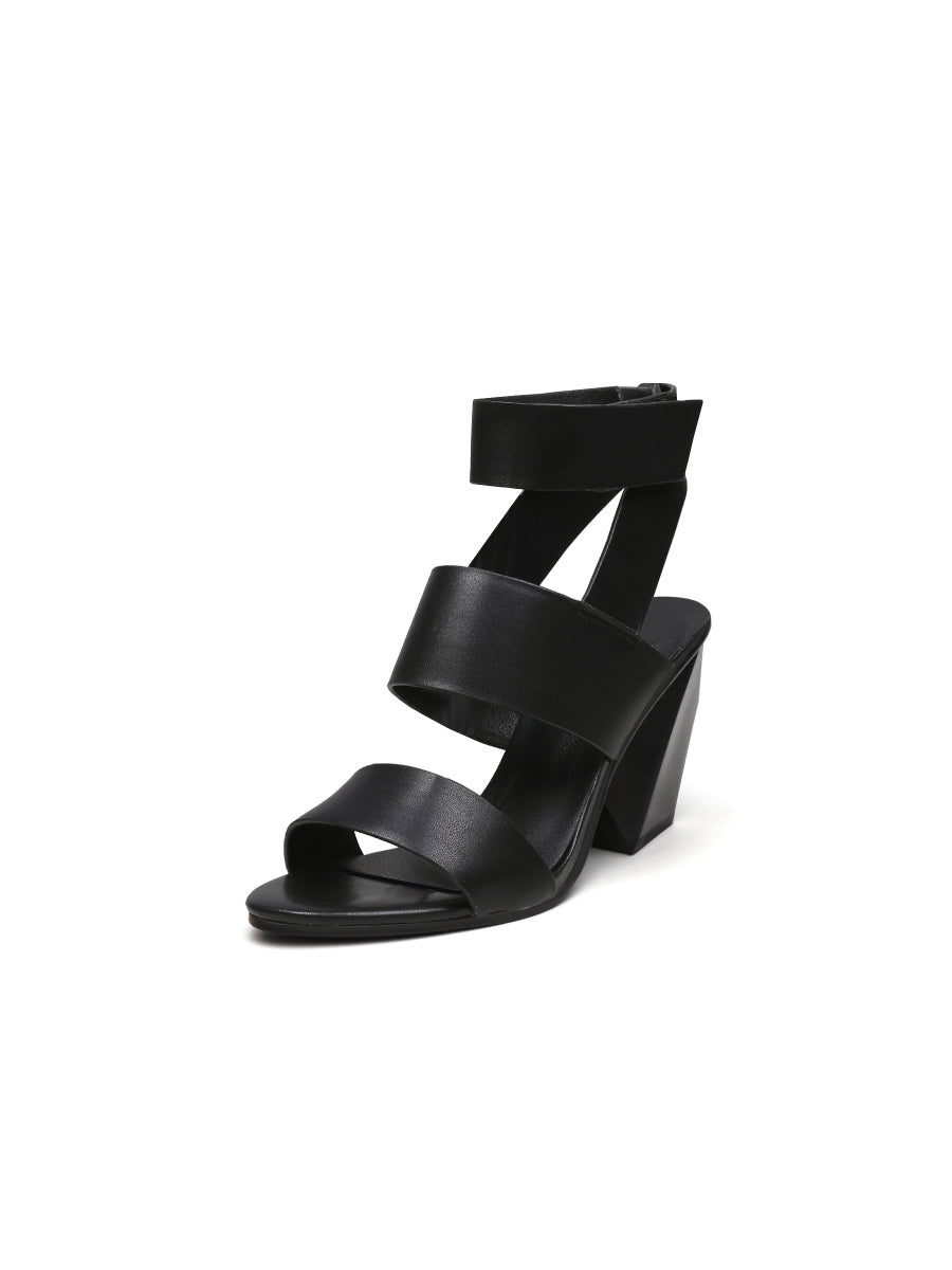 JadyRose | REEMA Block Heel Sawdust Leather Gladiator - Black