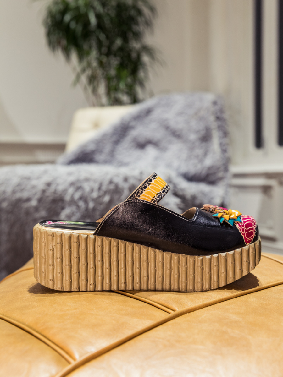 SOFFIA | Genuine Leather Black Ribbed-Sole Tri-Floral Appliqued Clogs