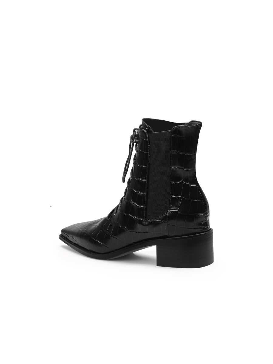 JadyRose | Croc-Embossed Lace-Up Black Chelsea Boot