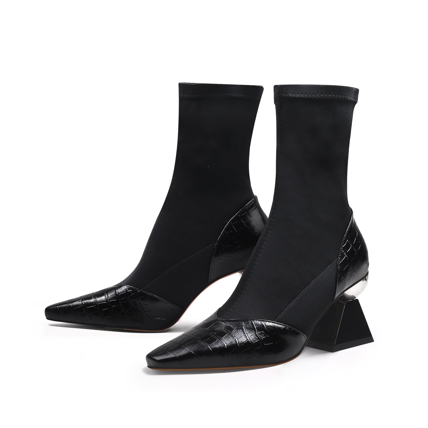 JADY ROSE | BLOCK HEEL CROC PATTERN LEATHER SOCK BOOT - BLACK