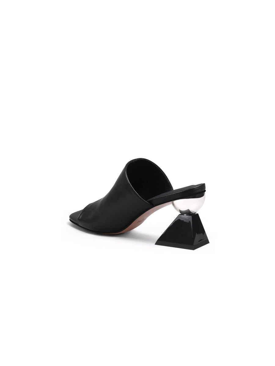 JadyRose | Black Triangular-Crystal Mid Heel Leather Open Toe Mules Sandals