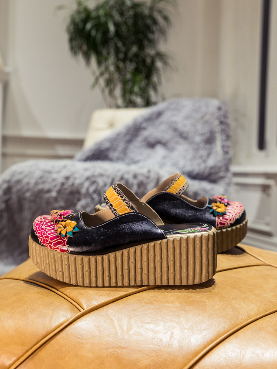 SOFFIA | Genuine Leather Black Ribbed-Sole Tri-Floral Appliqued Clogs