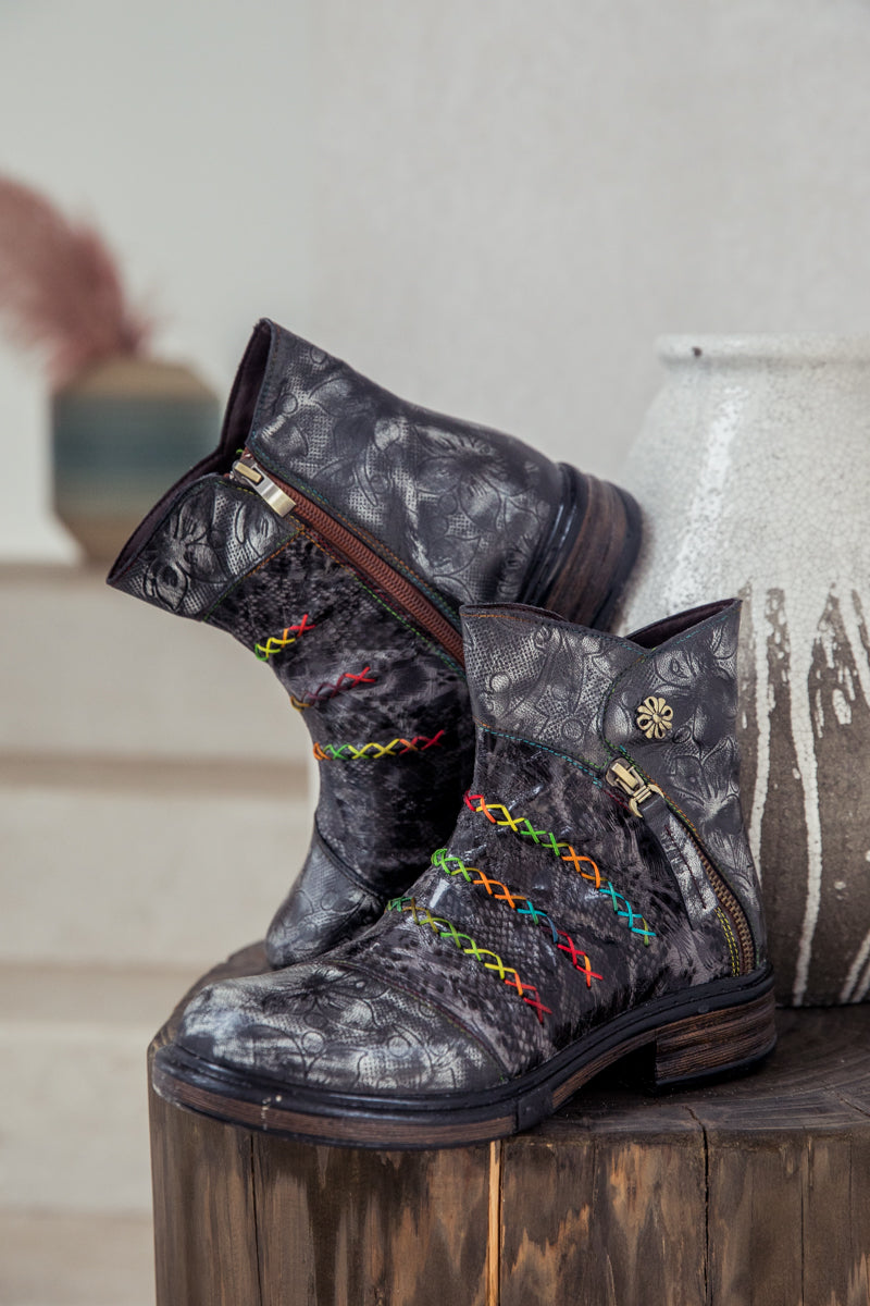 SOFFIA | Genuine Leather Rainbow Stitch Floral Embossed Ankle Boots