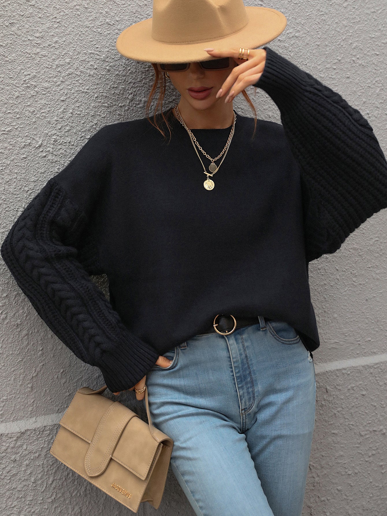 BRAIDED SLEEVE KNIT SWEATER - BLACK