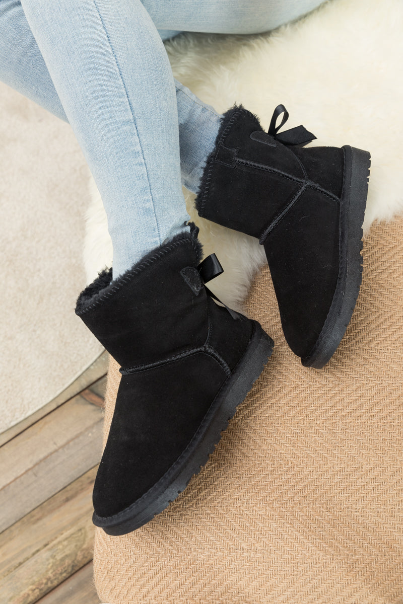 SMAIBULUN Ugg | Ribbon Bow Faux Fur-Lined Mini Ugg Boots