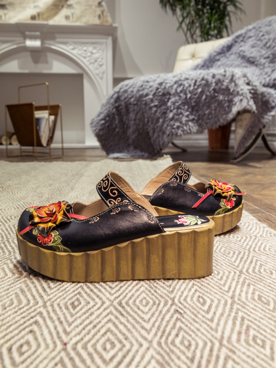 SOFFIA | Genuine Leather Black Ribbed-Sole Floral Appliqued Platform Sandals Clogs