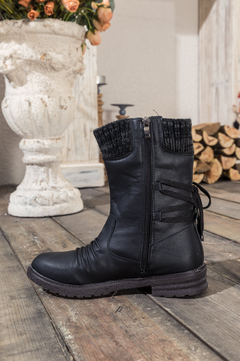 En Bloom | Black Ruched Back Tie-Accent Flat Comfy Combat Boots