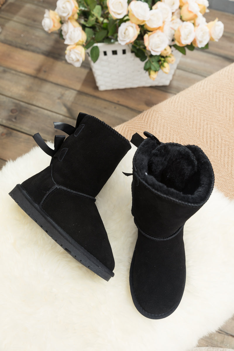 SMAIBULUN Ugg | DOUBLE RIBBON BOW SUEDE BOOT - Black