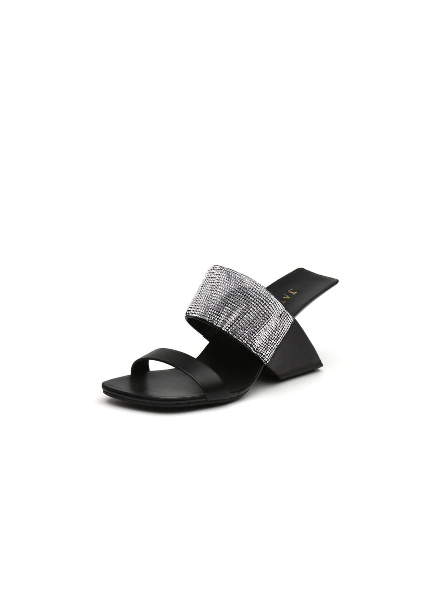 JadyRose | KARINA Rhinestone Black Leather Wedge Sandal