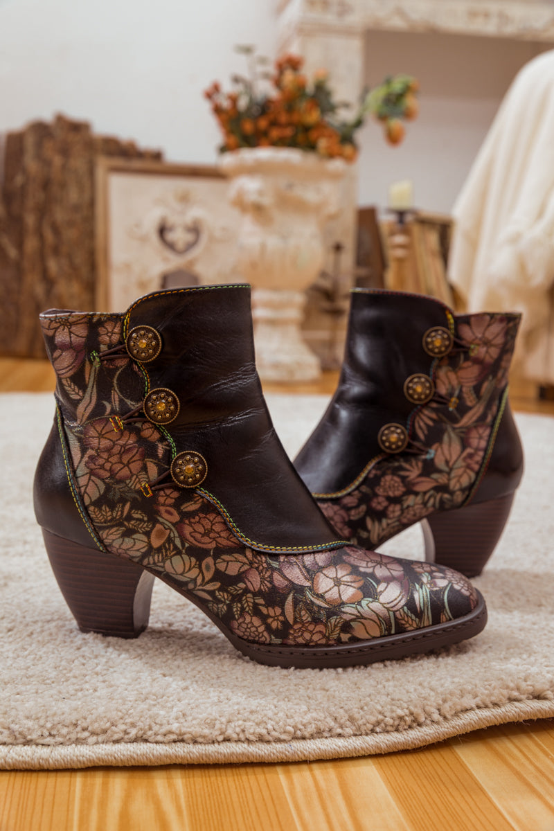 SOFFIA | FLORAL BUTTON-ACCENT BLACK LEATHER ANKLE BOOT