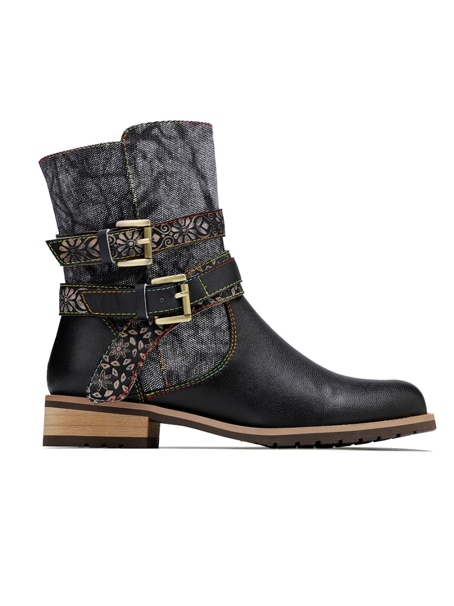 SOFFIA | Genuine Leather Gold Floral Embossed Strap  Moto Boots