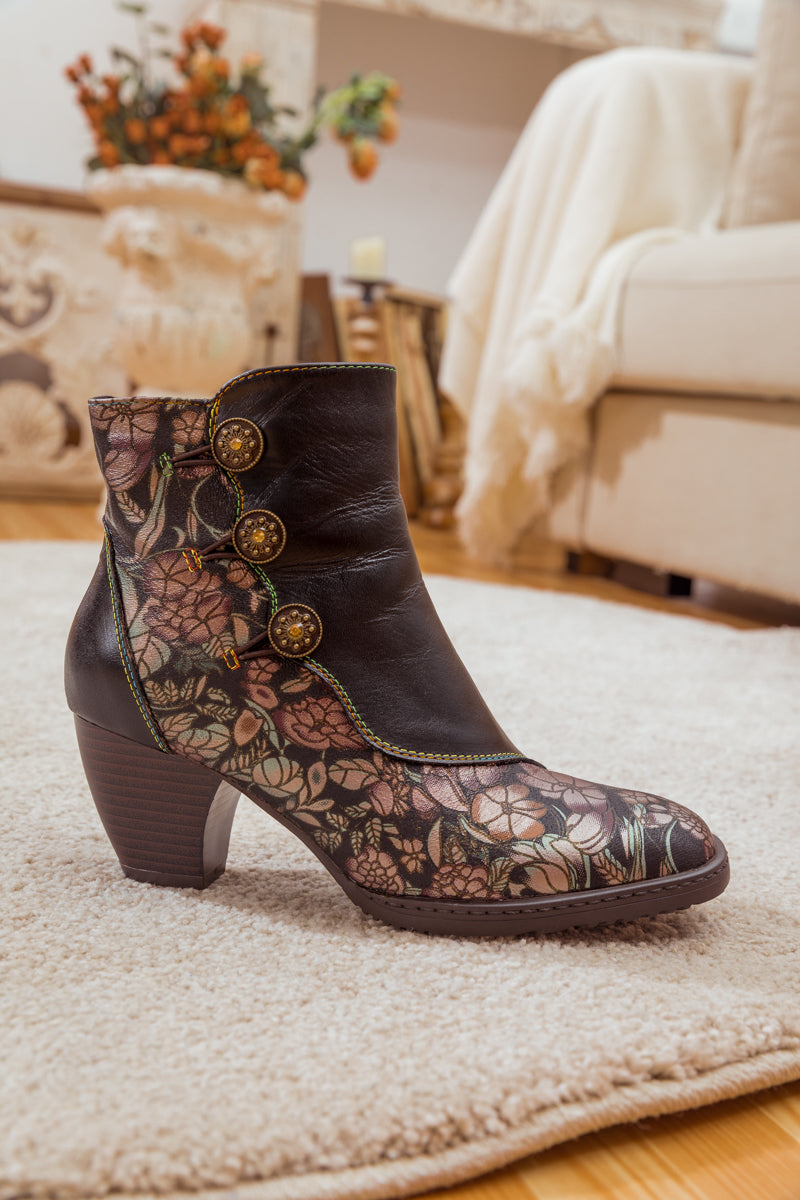 SOFFIA | FLORAL BUTTON-ACCENT BLACK LEATHER ANKLE BOOT