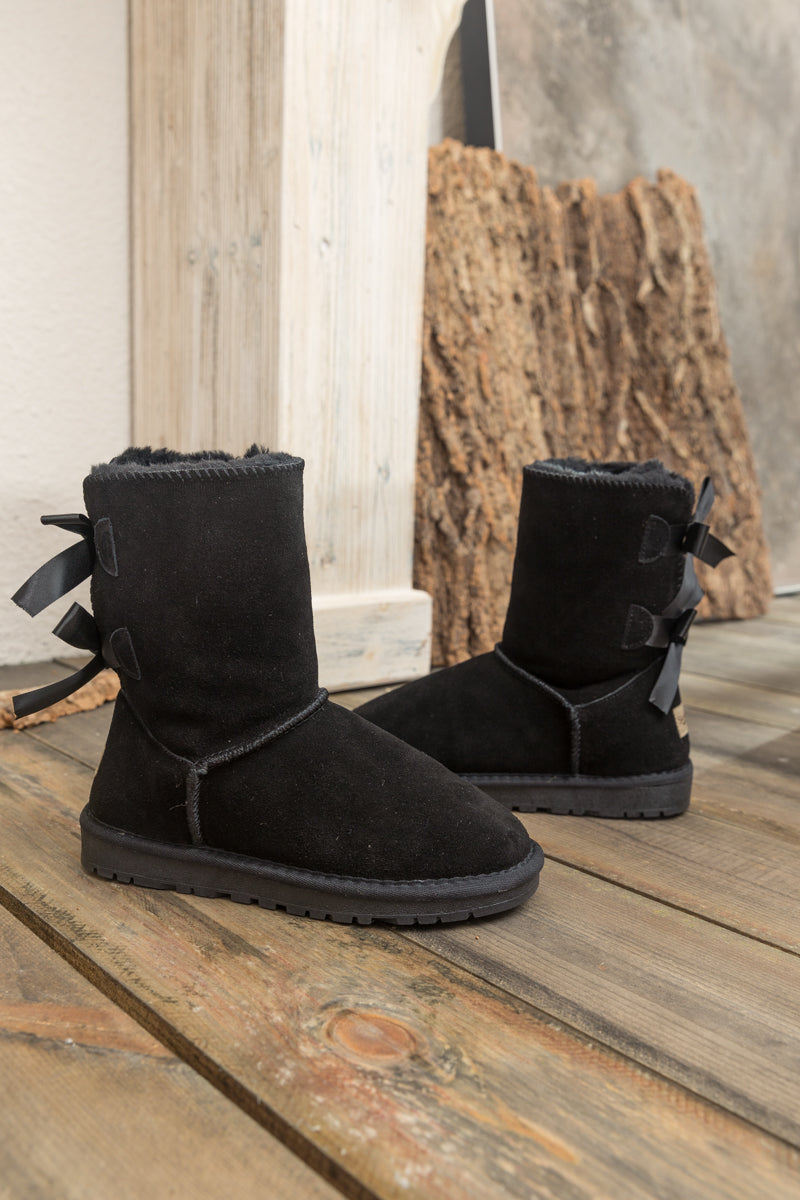 SMAIBULUN Ugg | DOUBLE RIBBON BOW SUEDE BOOT - Black