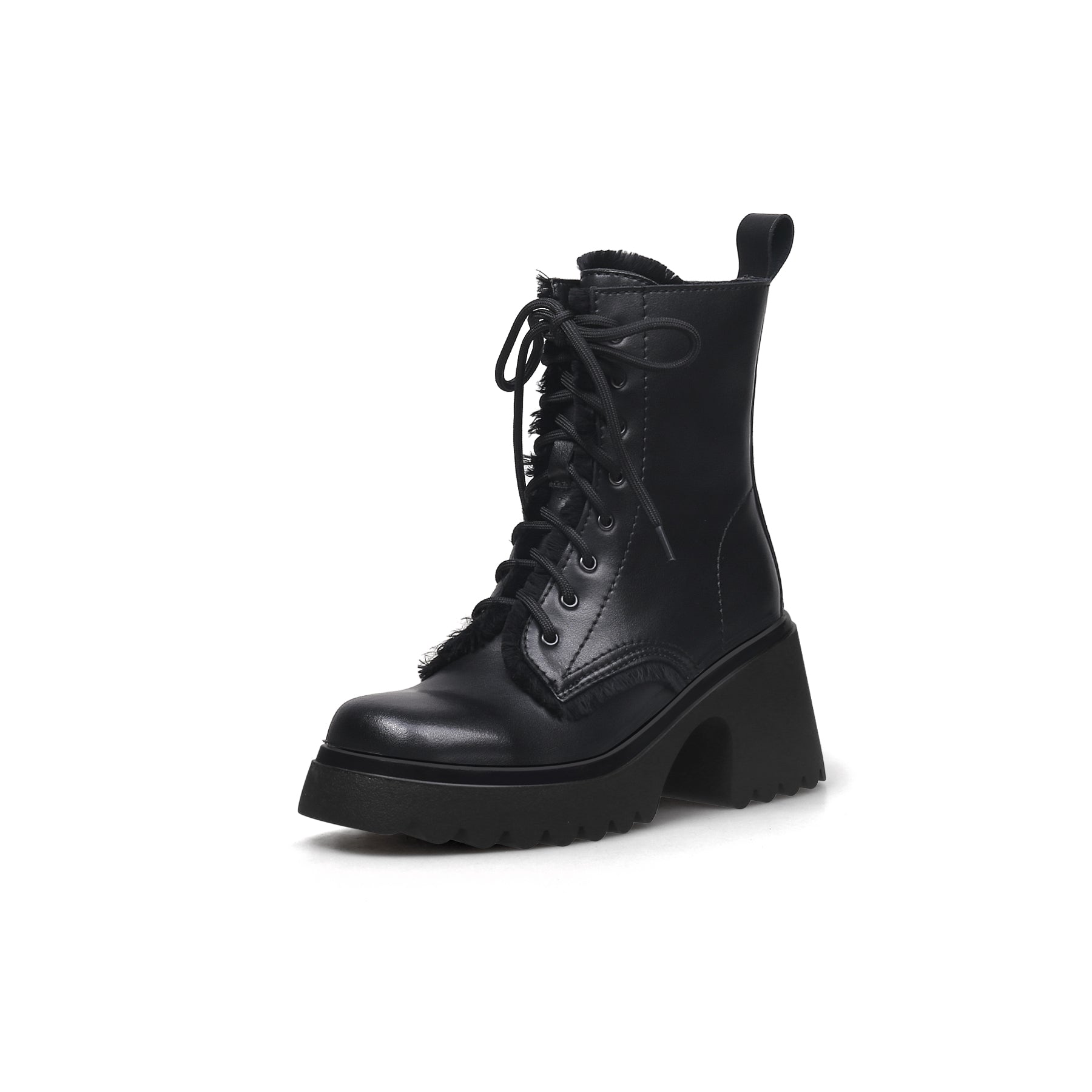 JADY ROSE | BLACK LEATHER MANE TRIM COMBAT BOOT