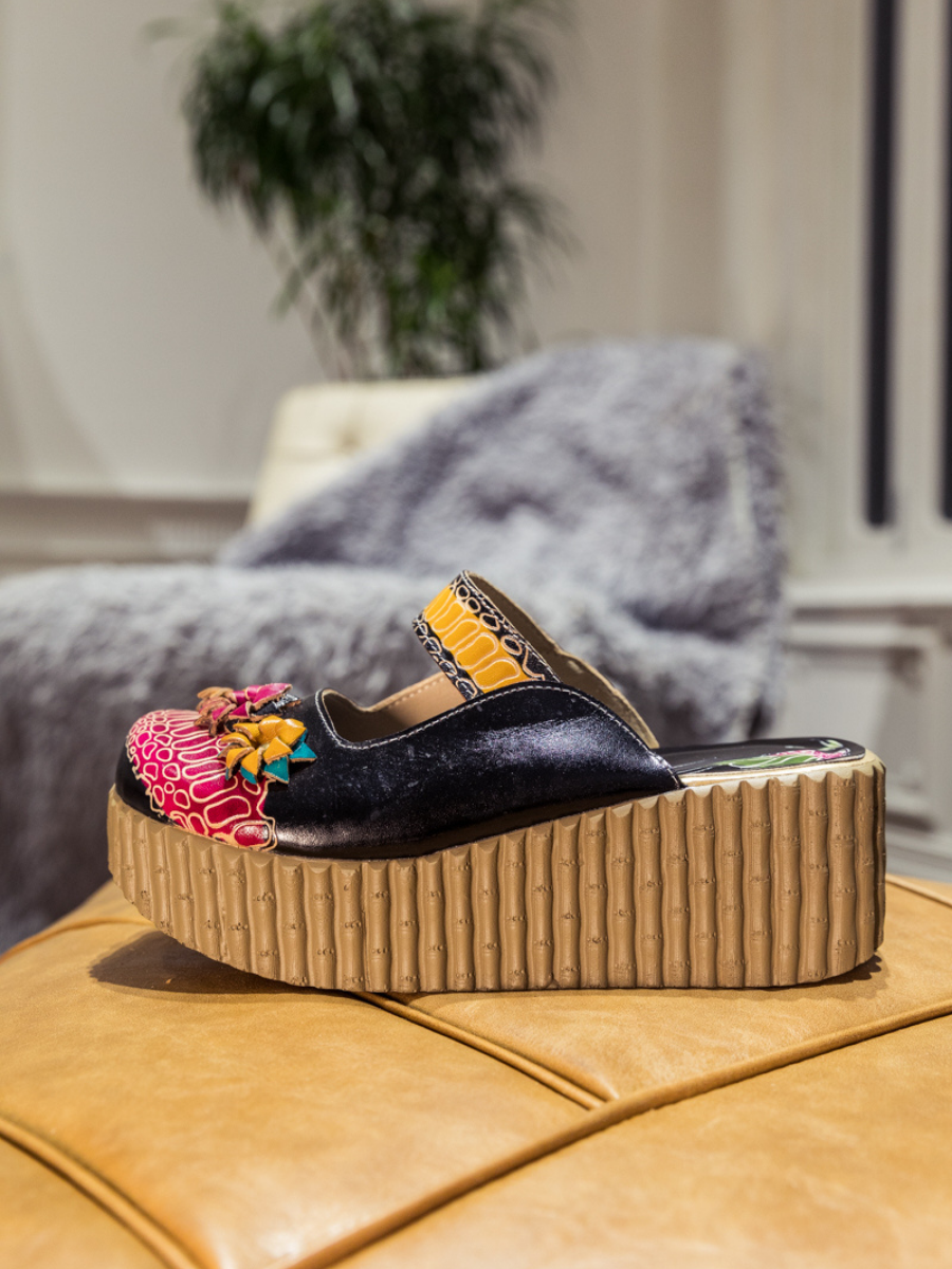 SOFFIA | Genuine Leather Black Ribbed-Sole Tri-Floral Appliqued Clogs