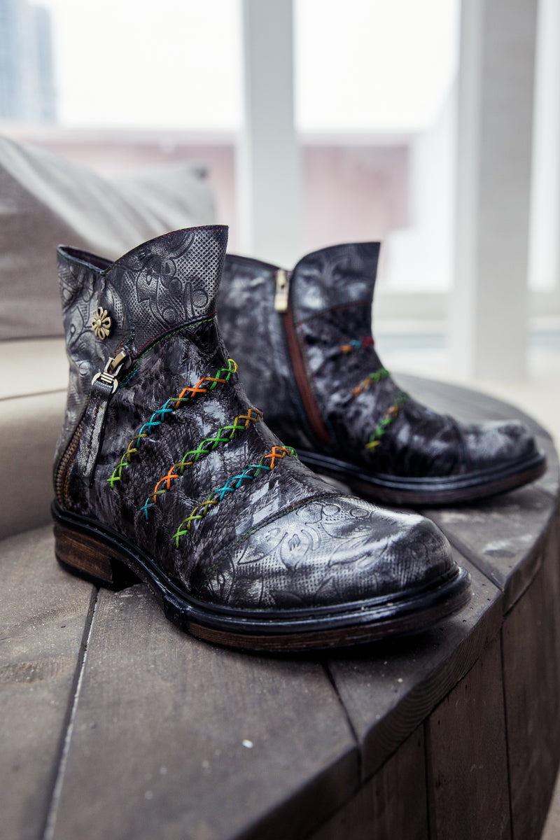 SOFFIA | Genuine Leather Rainbow Stitch Floral Embossed Ankle Boots