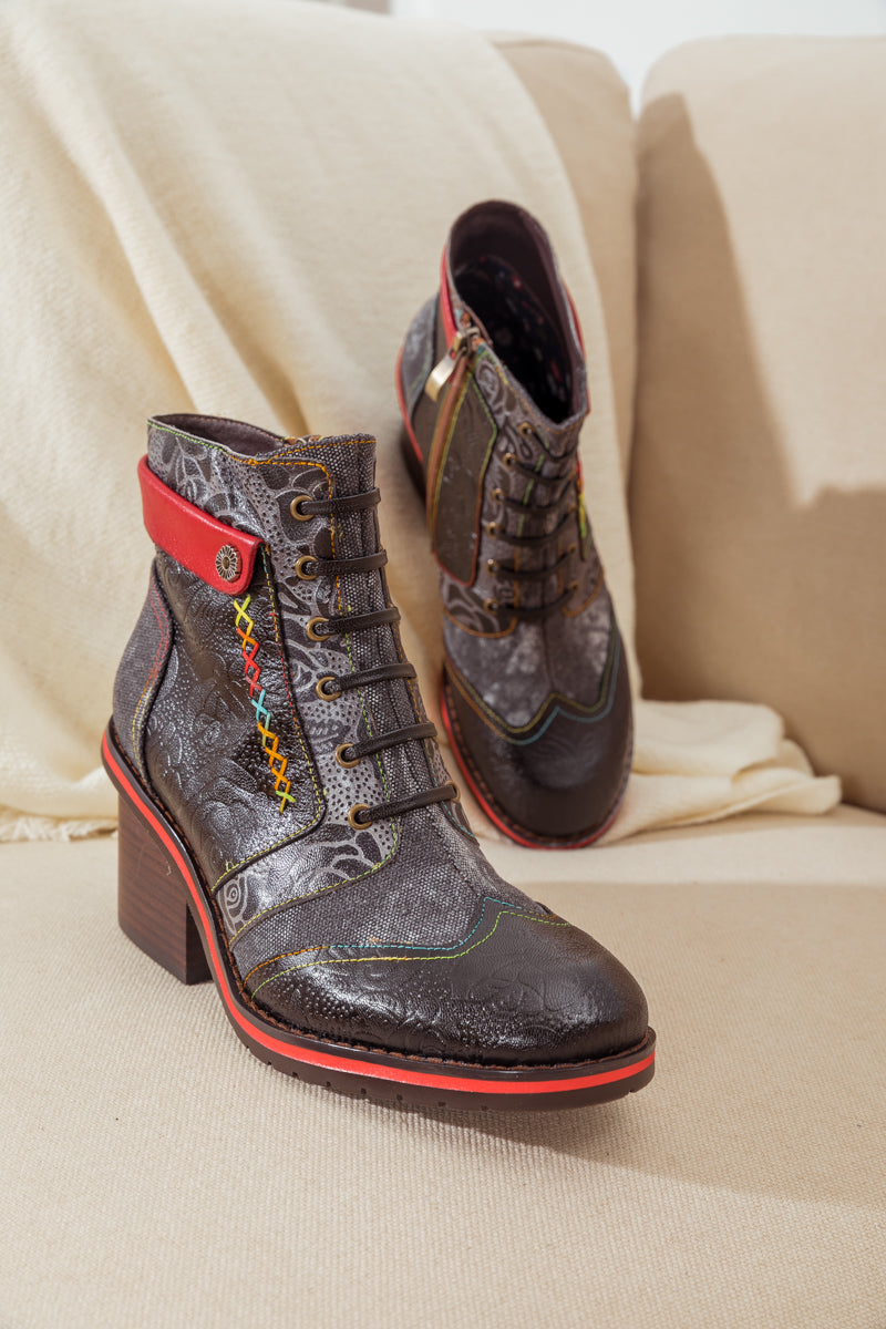 SOFFIA | FLORAL EMBOSSED LEATHER COMBAT BOOT