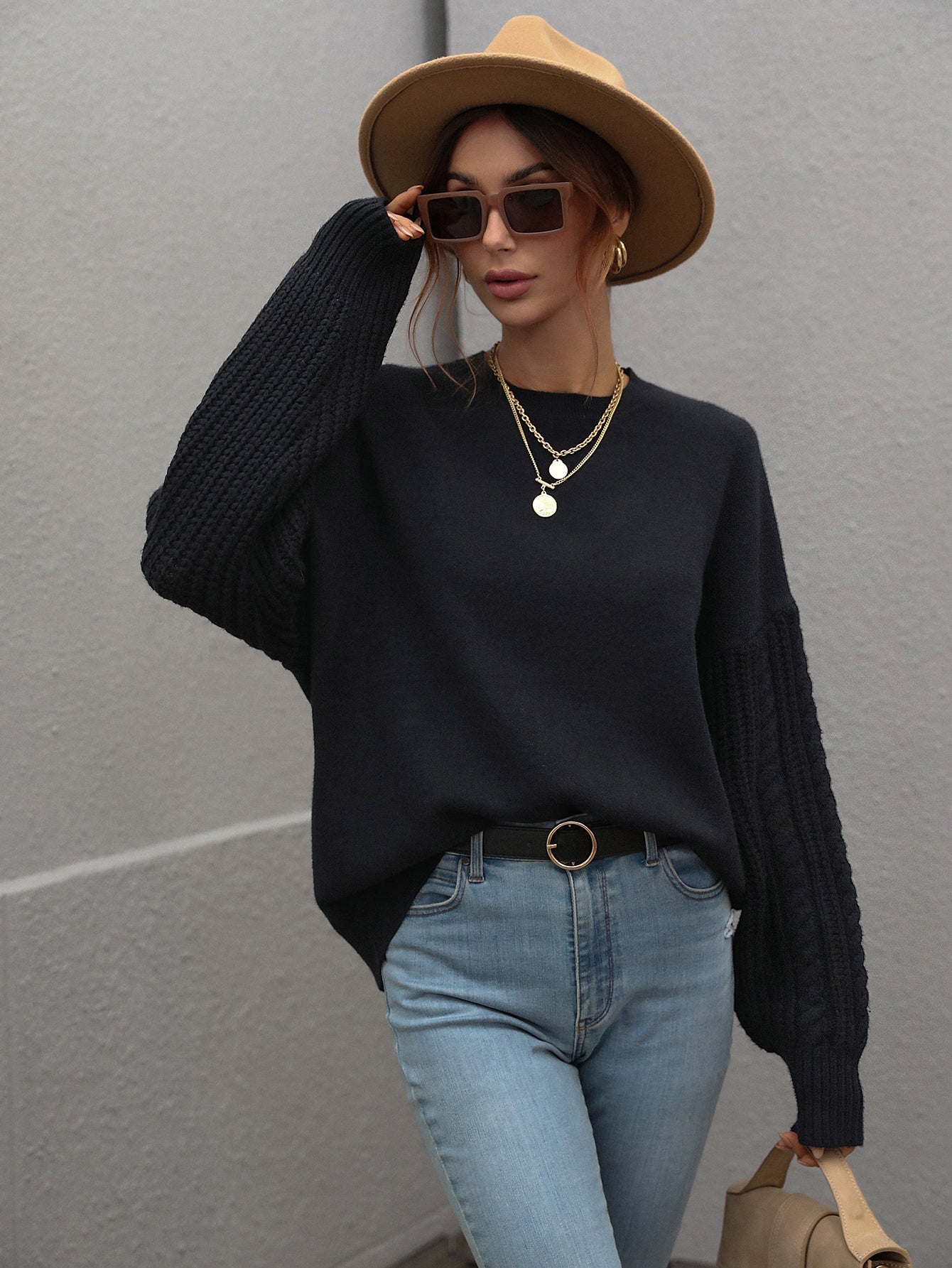 BRAIDED SLEEVE KNIT SWEATER - BLACK