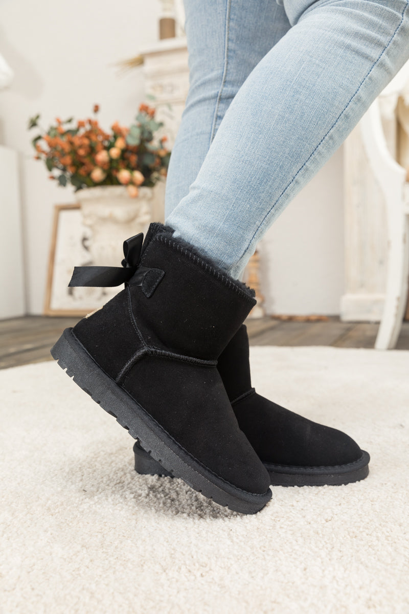 SMAIBULUN Ugg | Ribbon Bow Faux Fur-Lined Mini Ugg Boots