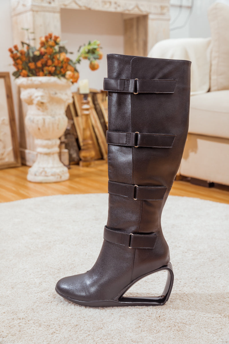 Jady Rose | Strappy Buckle Elevator Heel Knee-High Leather Boot