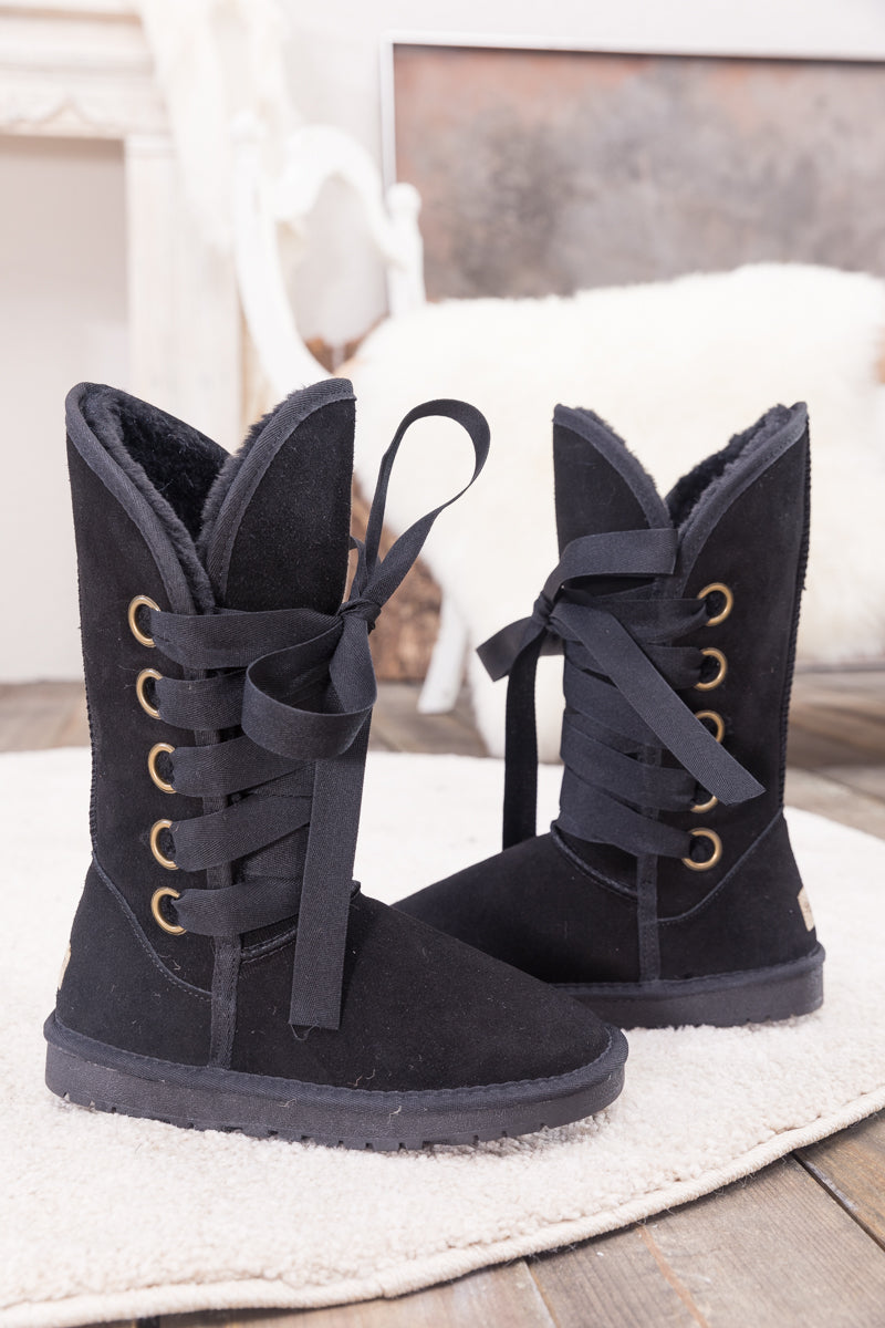 SMAIBULUN Ugg | Ribbon Lace-Up Faux Fur-lined Suede Boot - Black