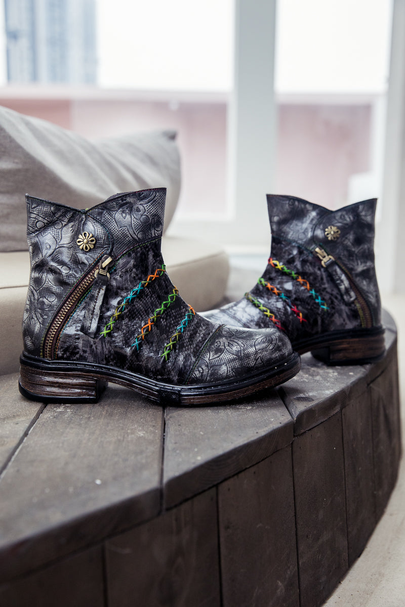 SOFFIA | Genuine Leather Rainbow Stitch Floral Embossed Ankle Boots