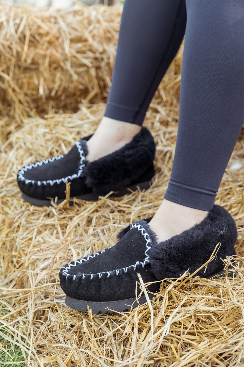 SMAIBULUN Ugg | WOOL LINED SUEDE TASMAN SLIPPER MOCCASIN - BLACK