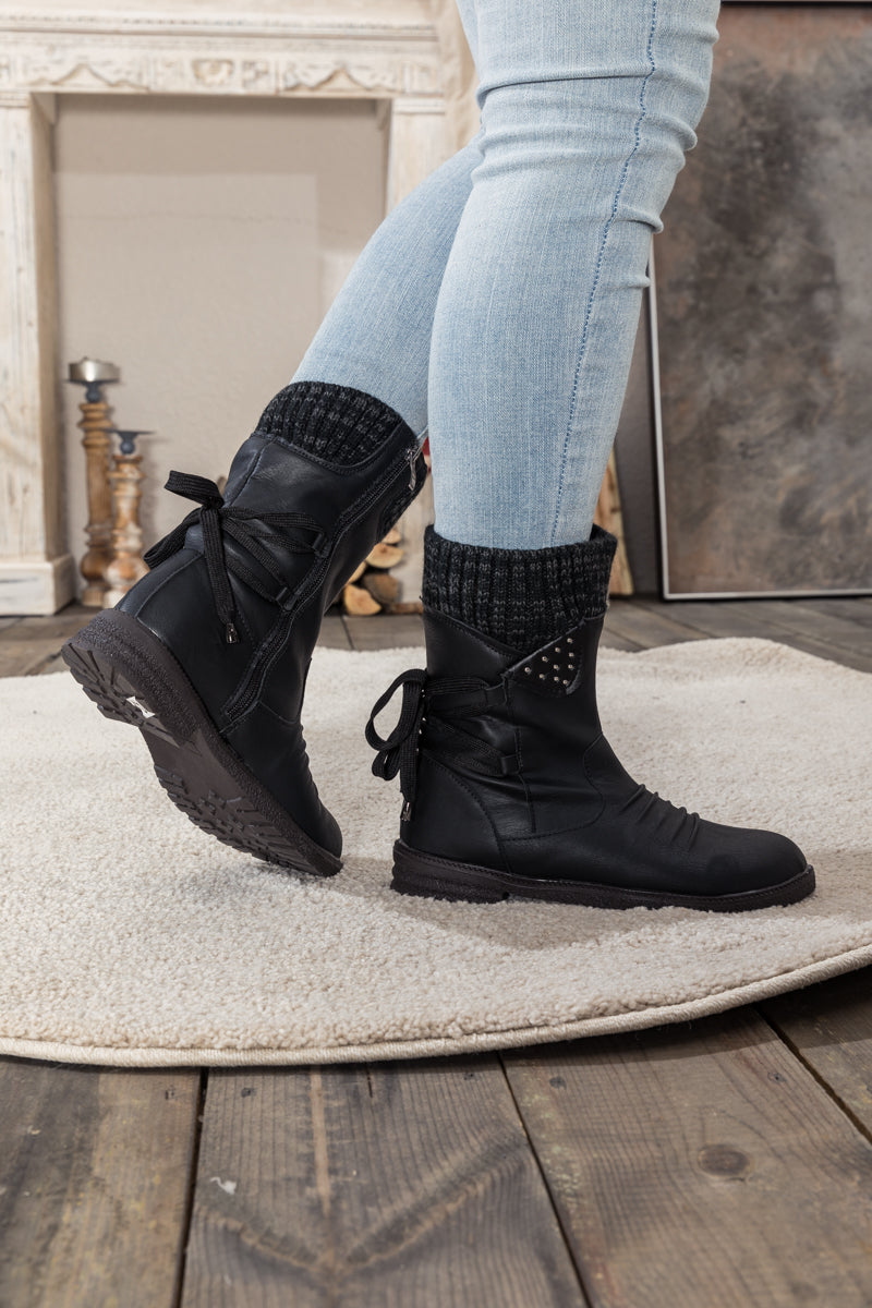 En Bloom | Black Ruched Back Tie-Accent Flat Comfy Combat Boots