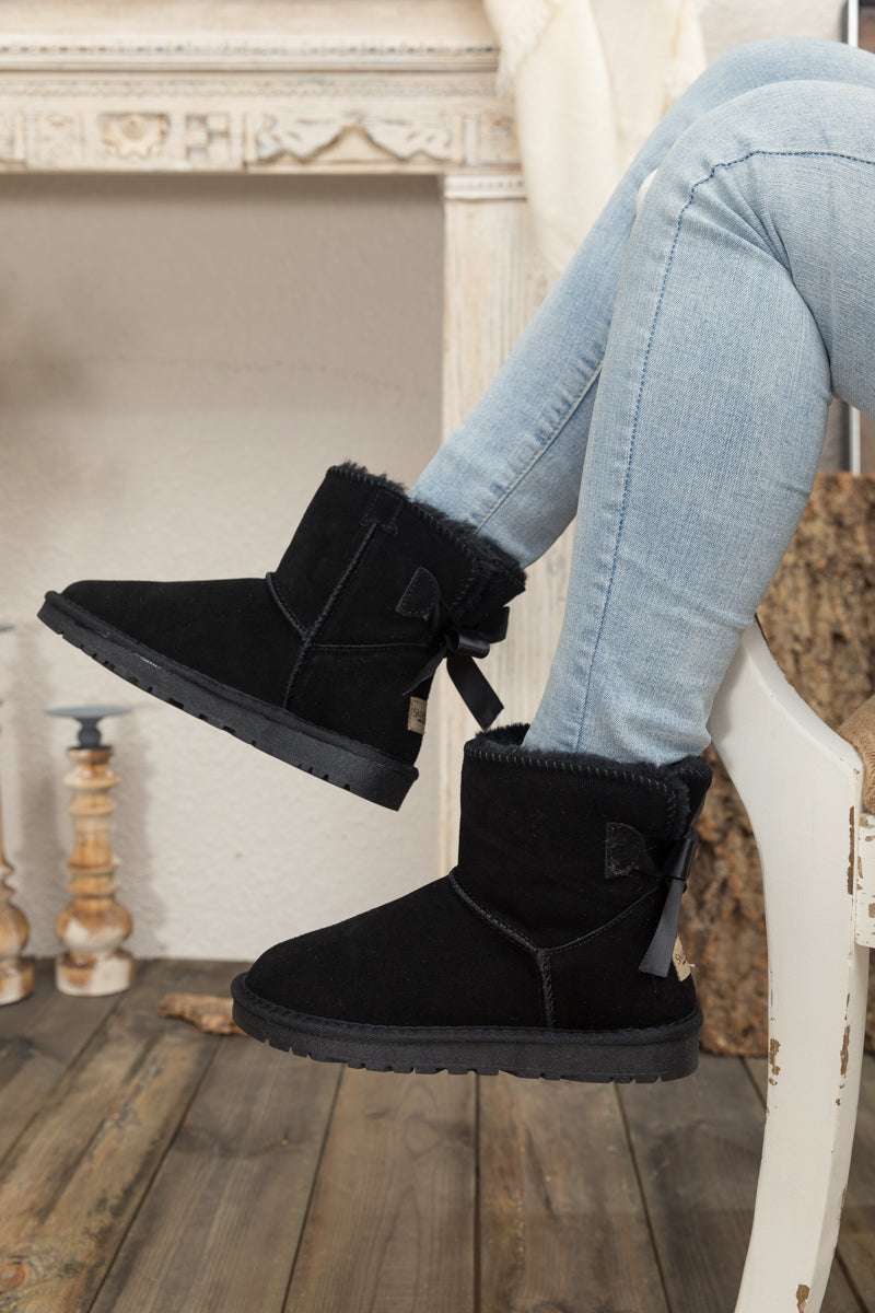 SMAIBULUN Ugg | Ribbon Bow Faux Fur-Lined Mini Ugg Boots