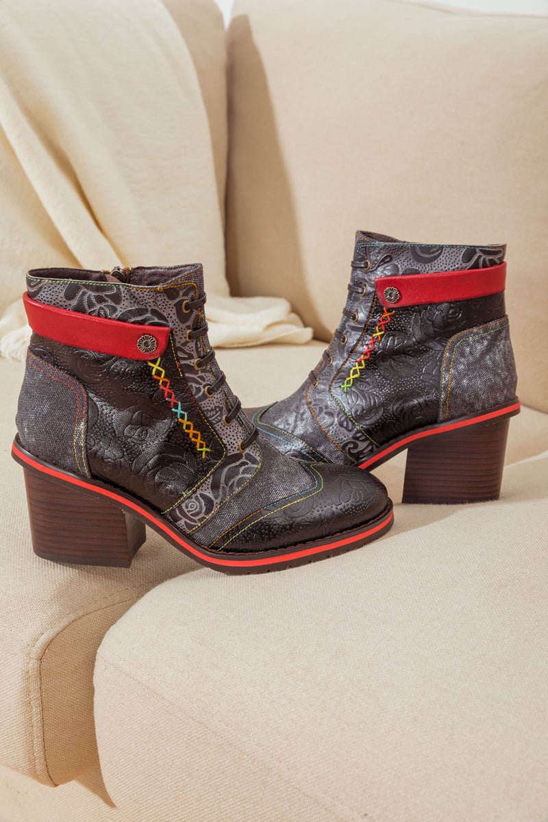 SOFFIA | FLORAL EMBOSSED LEATHER COMBAT BOOT