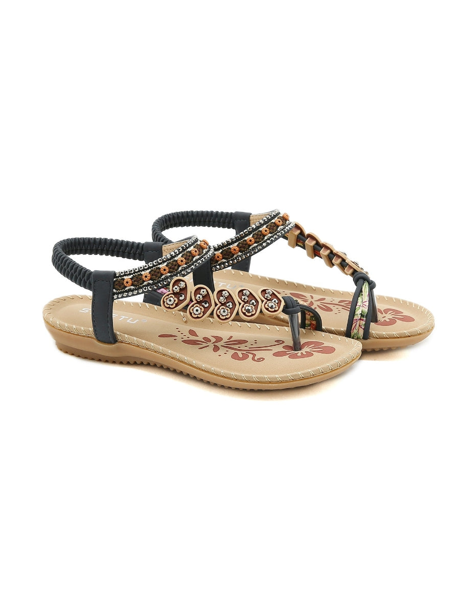 Black Heart Trimed Boho Slide Flat Sandals - SIKETU