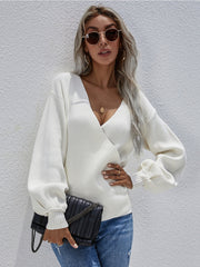 Smaibulun | Lantern-Sleeve V-Neck Wrap Knit Top - White