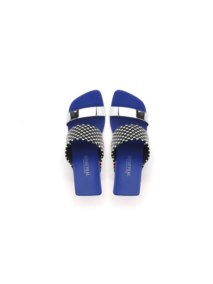 JadyRose | Signature Open-Heel Leather Slide Sandal - Blue Polka Dot