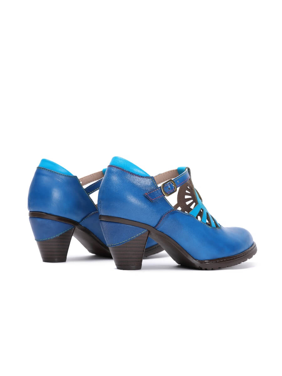 SOFFIA | Turquoise Genuine Leather Cut Out Vintage Mary Jane Heeled Pumps