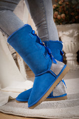 SMAIBULUN Ugg | Rhinestone Ribbon Tri-Tie Bow Suede Boots - Blue