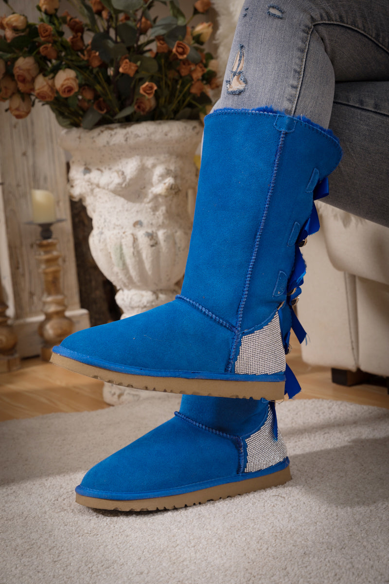 SMAIBULUN Ugg | Rhinestone Ribbon Tri-Tie Bow Suede Boots - Blue