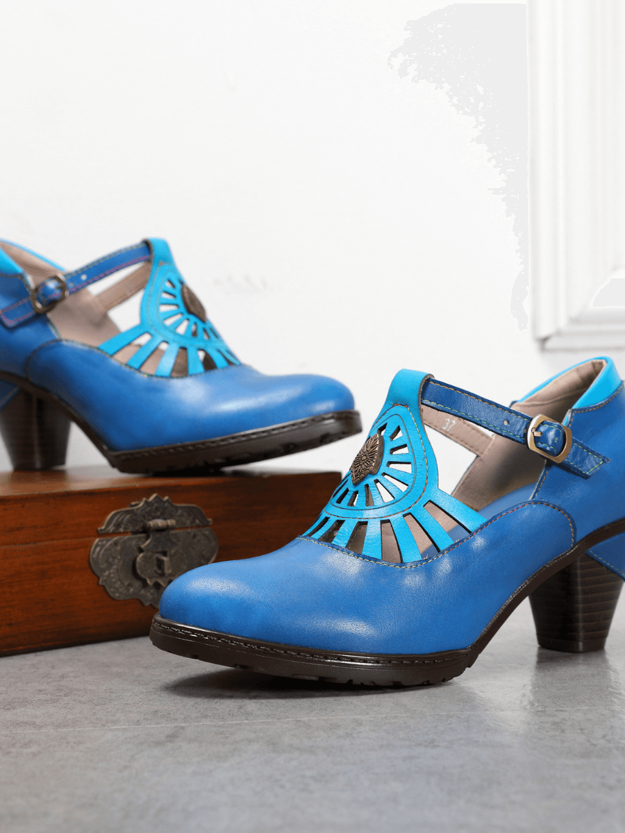 SOFFIA | Turquoise Genuine Leather Cut Out Vintage Mary Jane Heeled Pumps