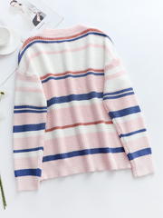 Smaibulun | Pink Blue Orange Stripe Crew Neck Knit Top