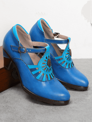 SOFFIA | Turquoise Genuine Leather Cut Out Vintage Mary Jane Heeled Pumps