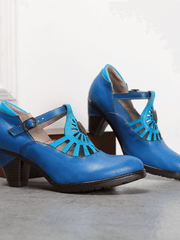 SOFFIA | Turquoise Genuine Leather Cut Out Vintage Mary Jane Heeled Pumps